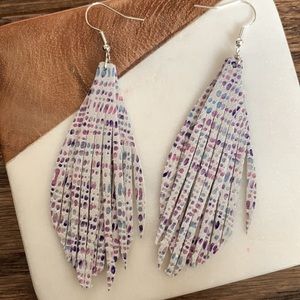 White & Purple Leather Layered Fringe Earrings